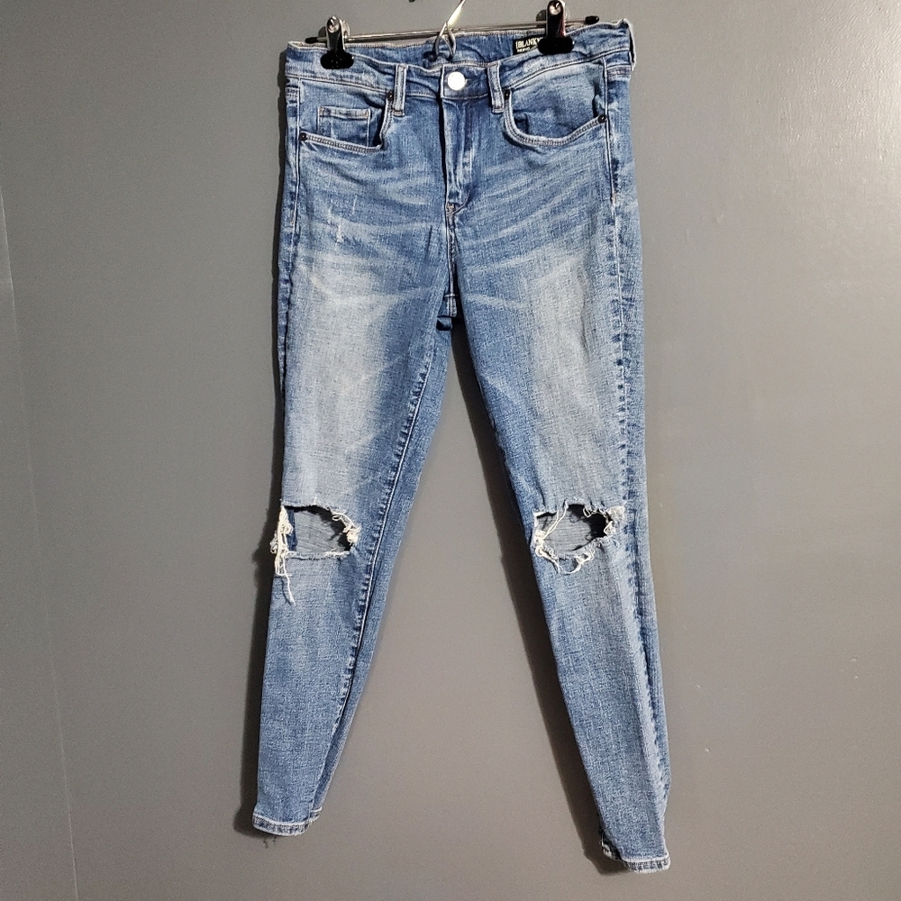 Blank NYC The Bond Blue Mid Rise Skinny Distressed Jeans Size 28